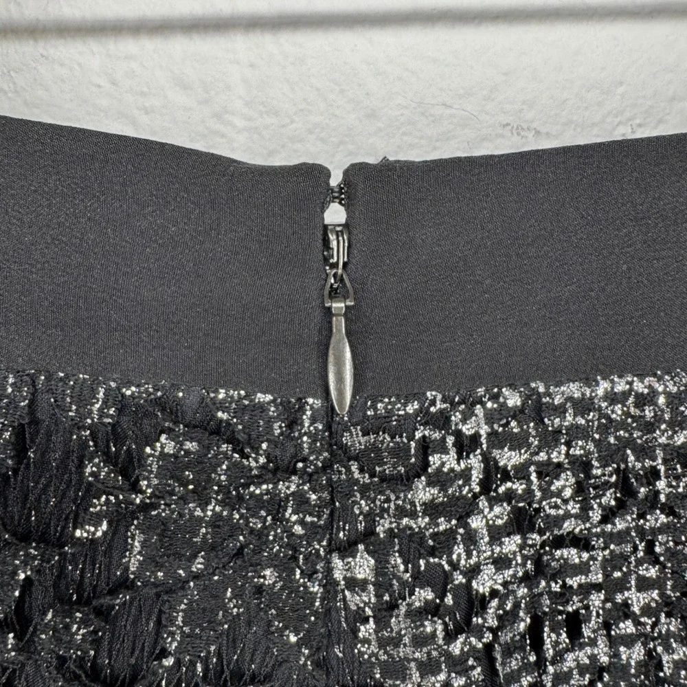Rebecca Taylor Metallic Lace Silk Stripe‎ Midi Skirt Black Silver 12 Party Glam